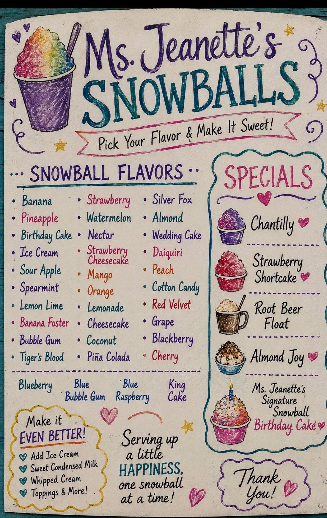 Ms. Jeanette's hand-drawn menu board listing snowball flavors, specials, and toppings